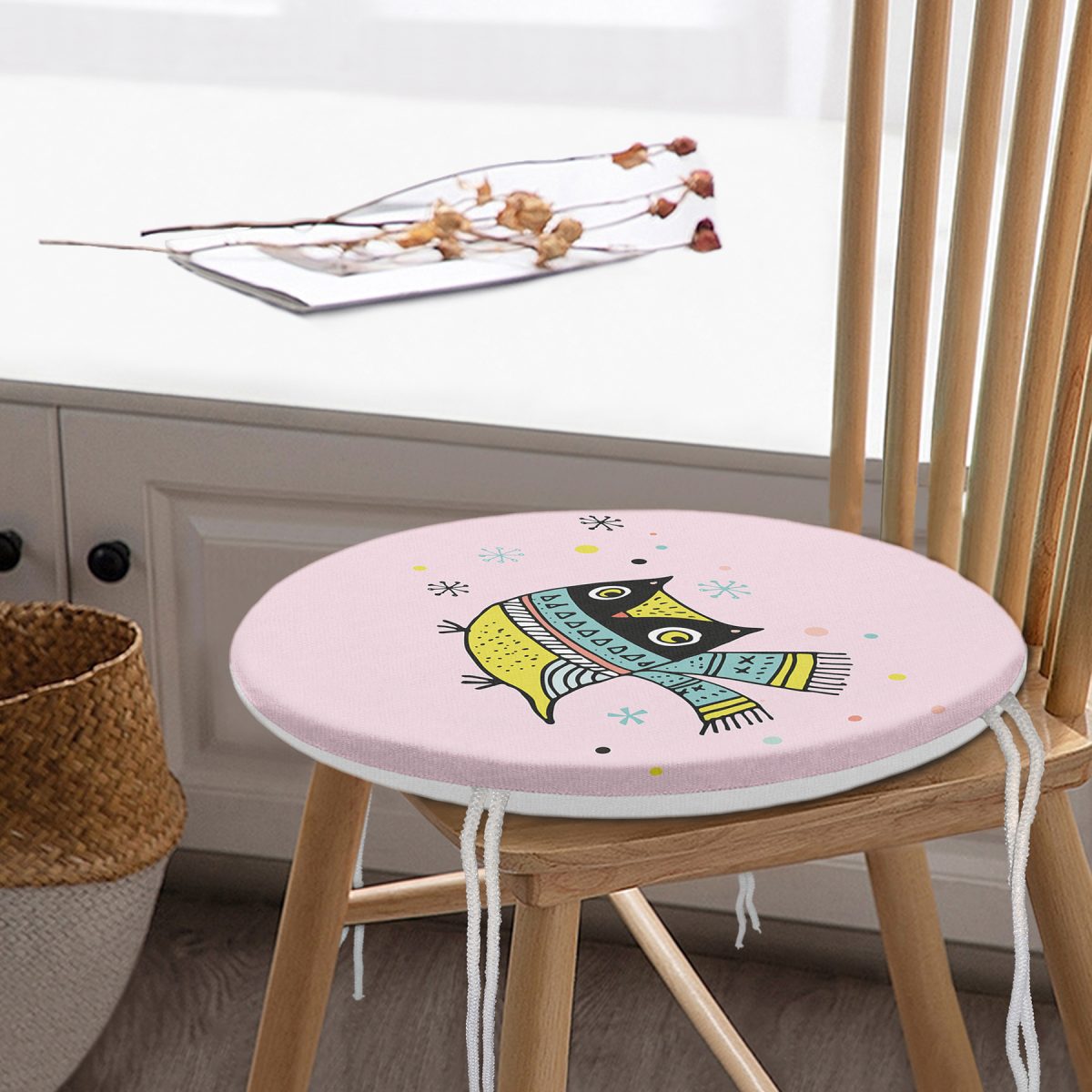 Realhomes Pembe Zeminde Atkılı Baykuş Desenli Modern Yuvarlak Fermuarlı Sandalye Minderi Realhomes