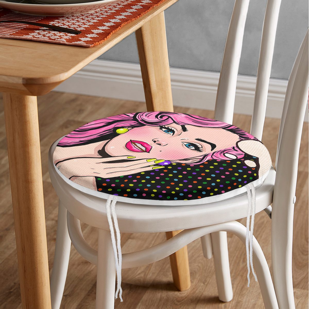 Pop Art Retro Dijital Baskılı Yuvarlak Fermuarlı Sandalye Minderi Realhomes