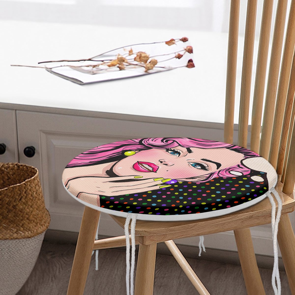 Pop Art Retro Dijital Baskılı Yuvarlak Fermuarlı Sandalye Minderi Realhomes