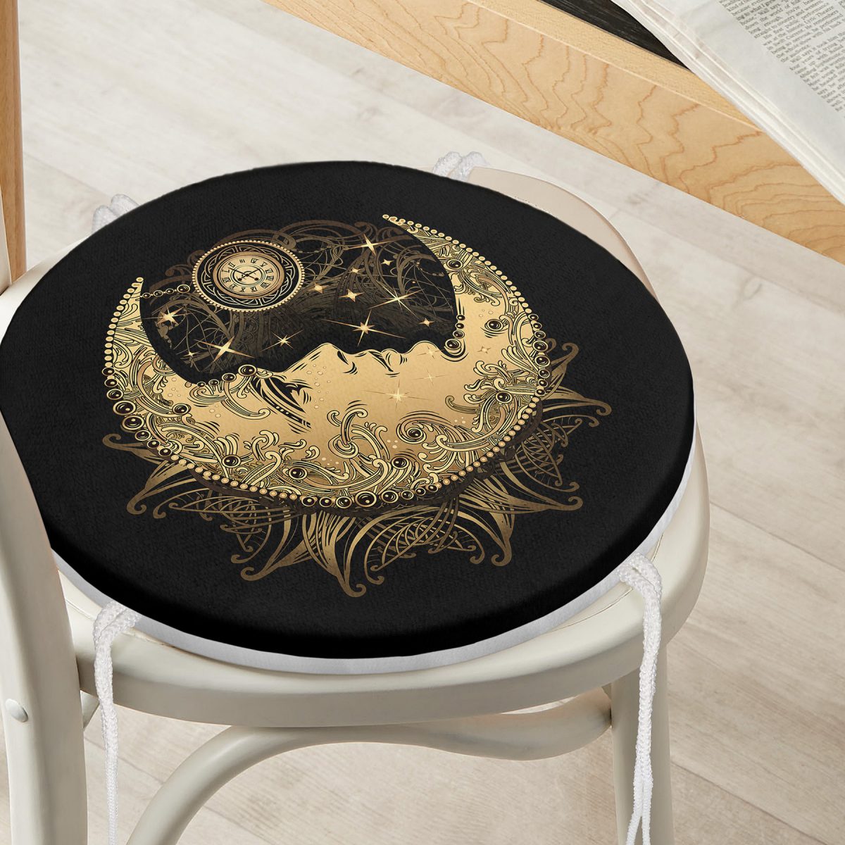 Realhomes Özel Tasarım Gold Ay Desenli Saat Yuvarlak Fermuarlı Sandalye Minderi Realhomes