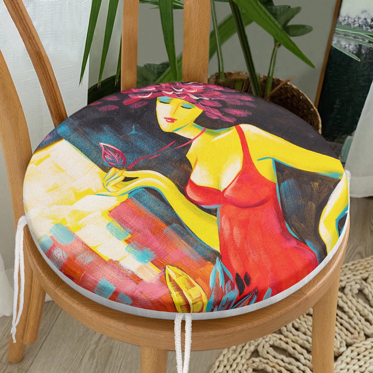 Sulu Boya Kırmızı Elbiseli Motifli Özel Tasarım Yuvarlak Fermuarlı Sandalye Minderi Realhomes
