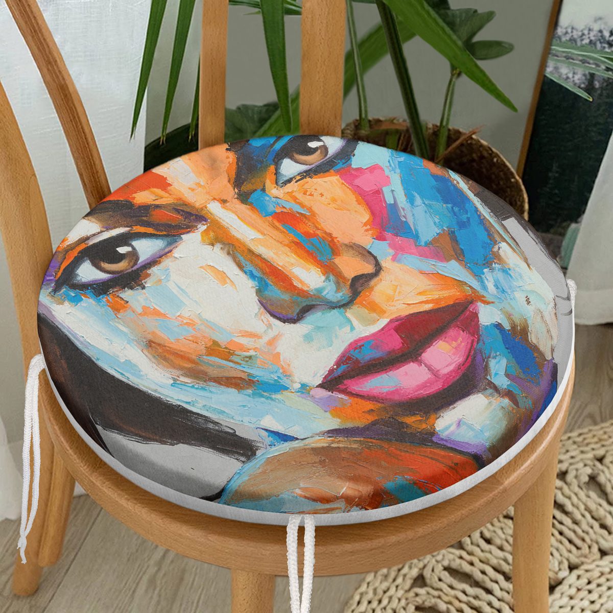 Sulu Boyalı Kadın Yüzlü Modern Yuvarlak Fermuarlı Sandalye Minderi Realhomes