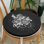 Siyah Zeminde Gül Dijital Baskılı Modern Yuvarlak Fermuarlı Sandalye Minderi Realhomes