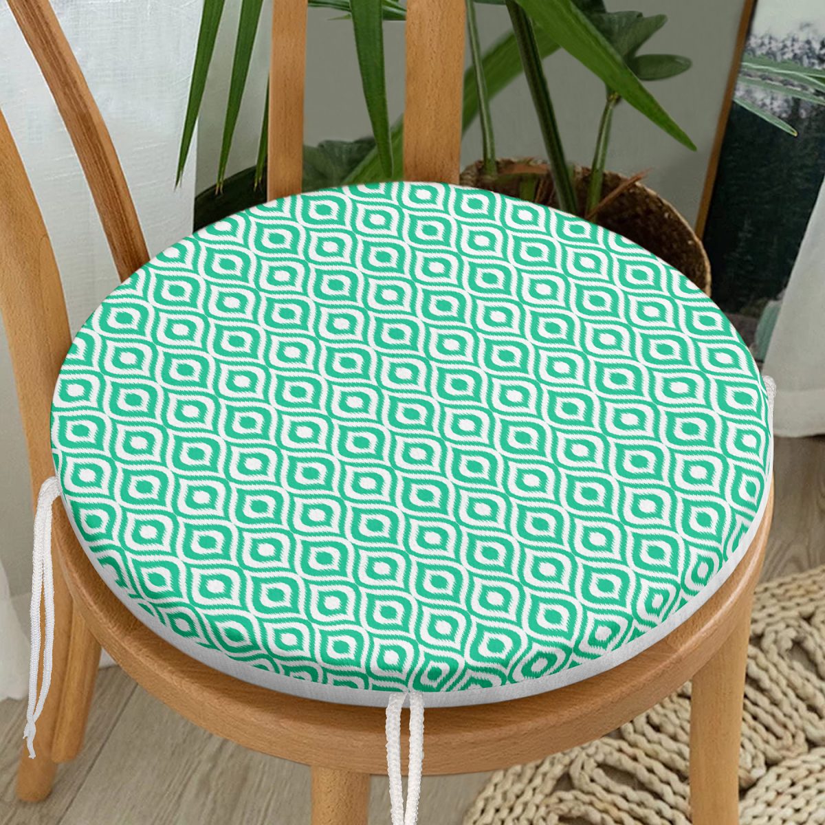 Özel Tasarım Yeşil İkat Desenli Dijital Baskılı Yuvarlak Fermuarlı Sandalye Minderi Realhomes