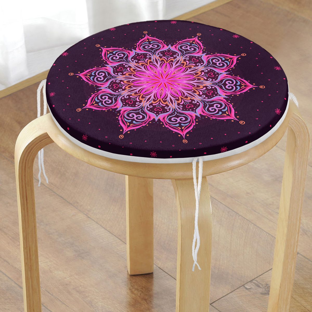 Siyah Zeminde Pembe Neon Mandala Desenli Yuvarlak Fermuarlı Sandalye Minderi Realhomes
