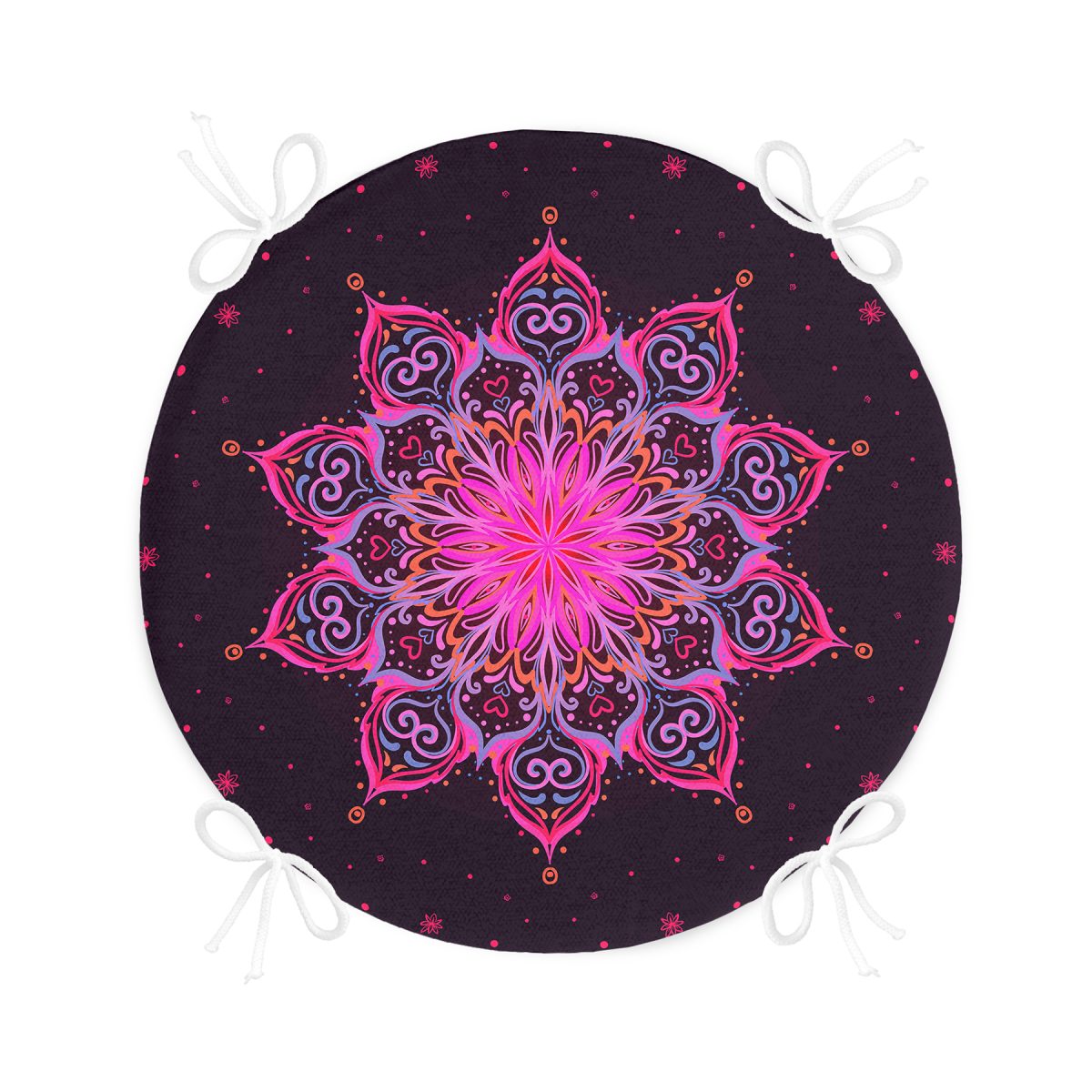 Siyah Zeminde Pembe Neon Mandala Desenli Yuvarlak Fermuarlı Sandalye Minderi Realhomes