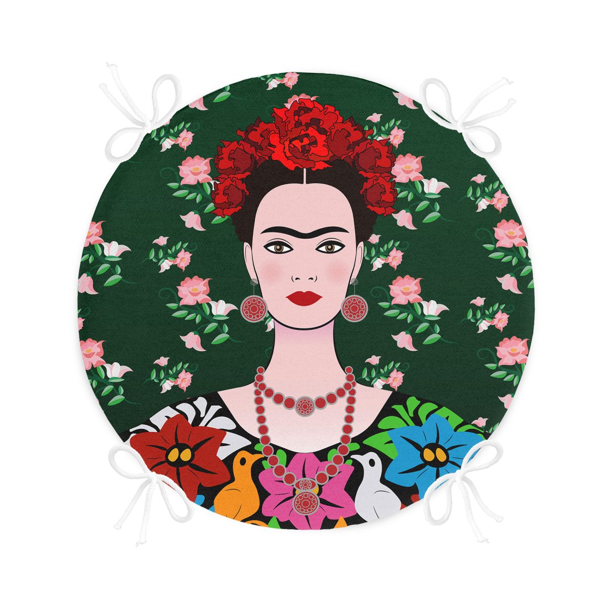 Yeşil Zeminde Frida Kahlo Motifli Özel Tasarım Yuvarlak Fermuarlı Sandalye Minderi Realhomes