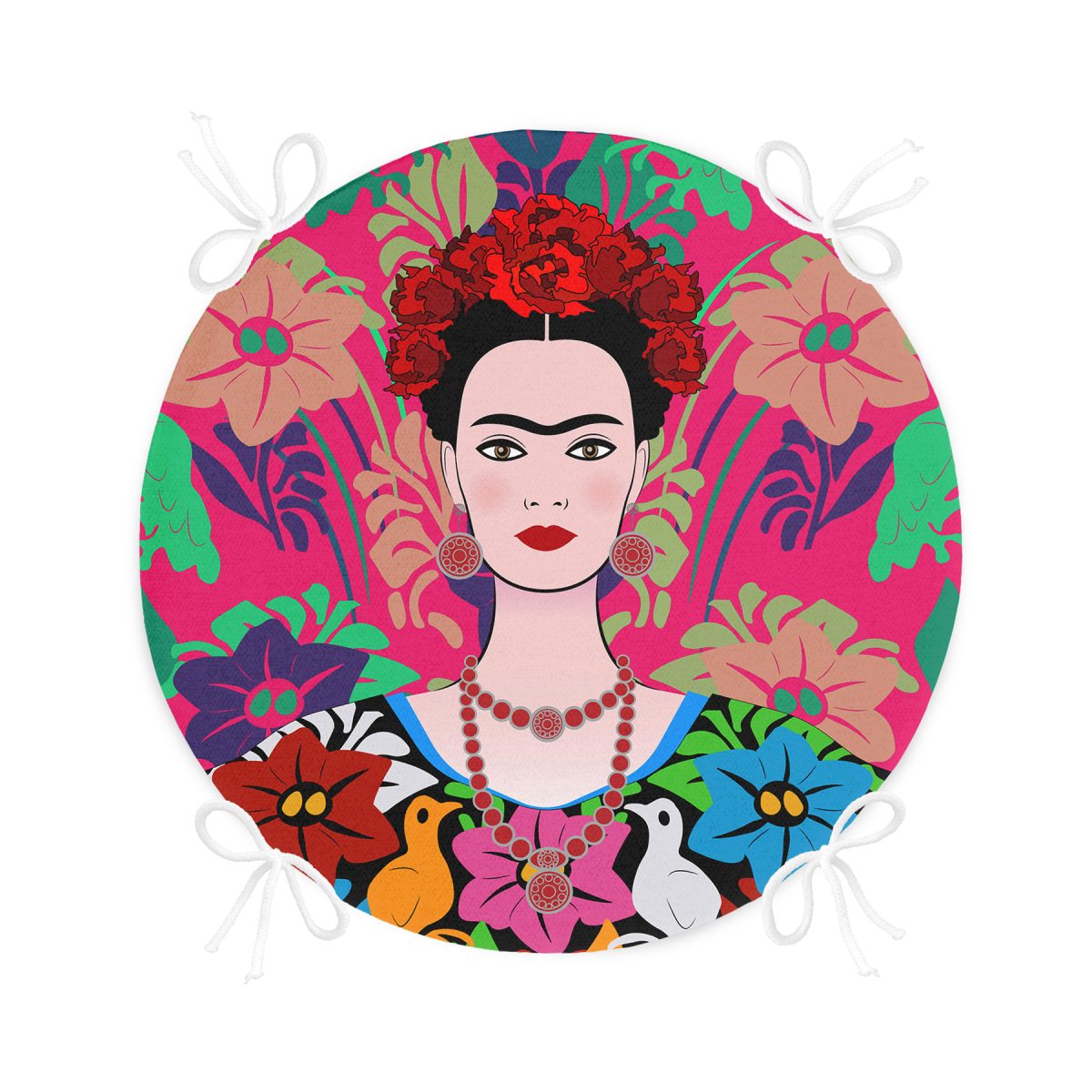 Fuşya Zeminde Frida Kahlo Motifli Özel Tasarım Yuvarlak Fermuarlı Sandalye Minderi Realhomes