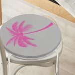 - RealHomes Yuvarlak Fermuarlı Minder - Realhomes  Gri Zeminde Fuşya Palmiye Motifli Modern Yuvarlak Fermuarlı Sandalye Minderi Realhomes