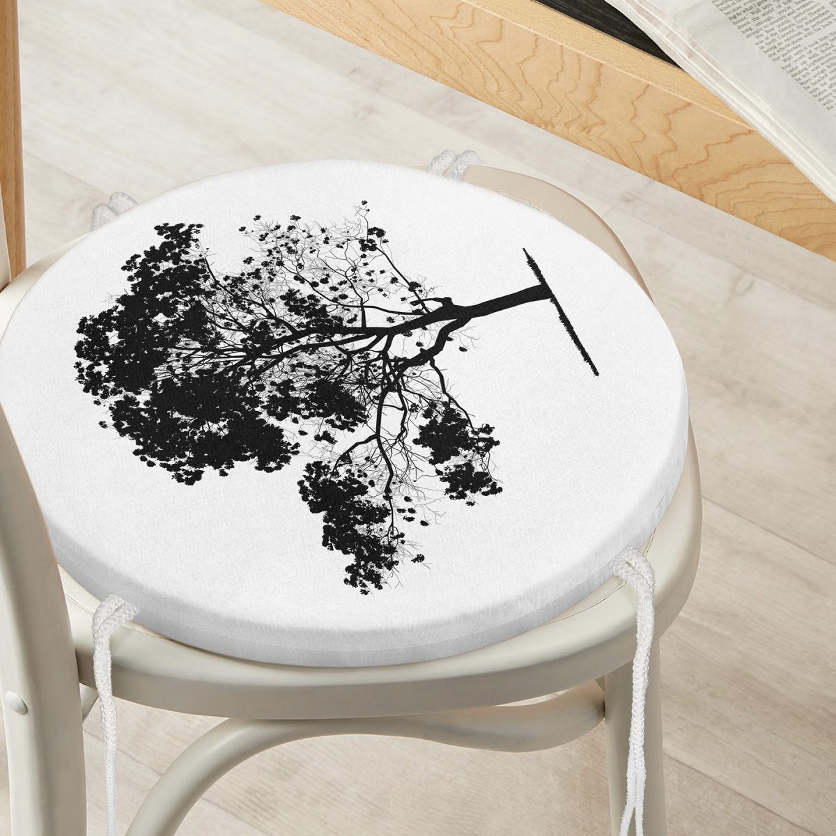 Modern Doğa Çizimli Ağaç Motifli Yuvarlak Fermuarlı Sandalye Minderi Realhomes