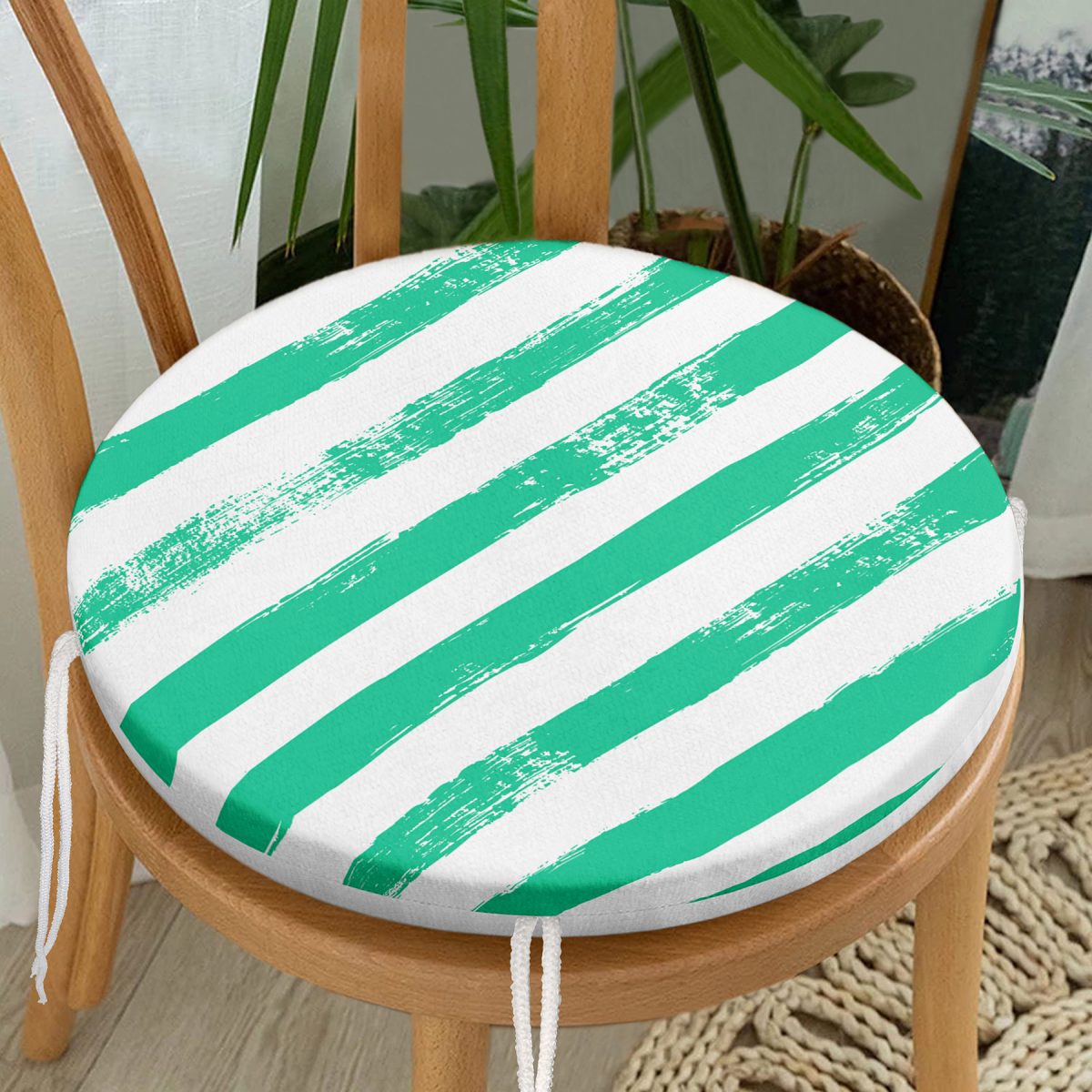 Yeşil Çizgili Motifli Modern Yuvarlak Fermuarlı Sandalye Minderi Realhomes