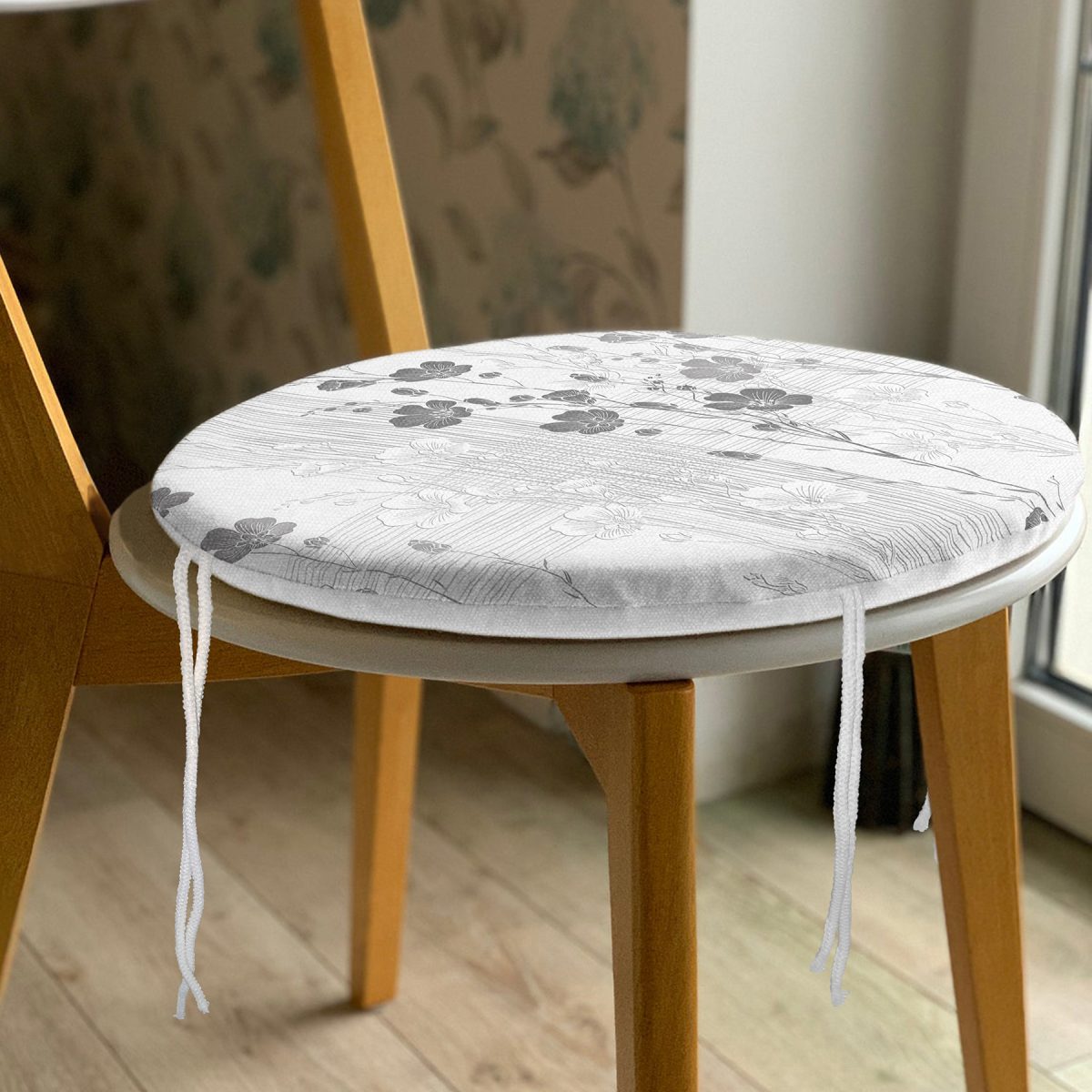 Karakalem Çizimli Çiçek Tasarım Dijital Baskılı Modern Yuvarlak Fermuarlı Sandalye Minderi Realhomes