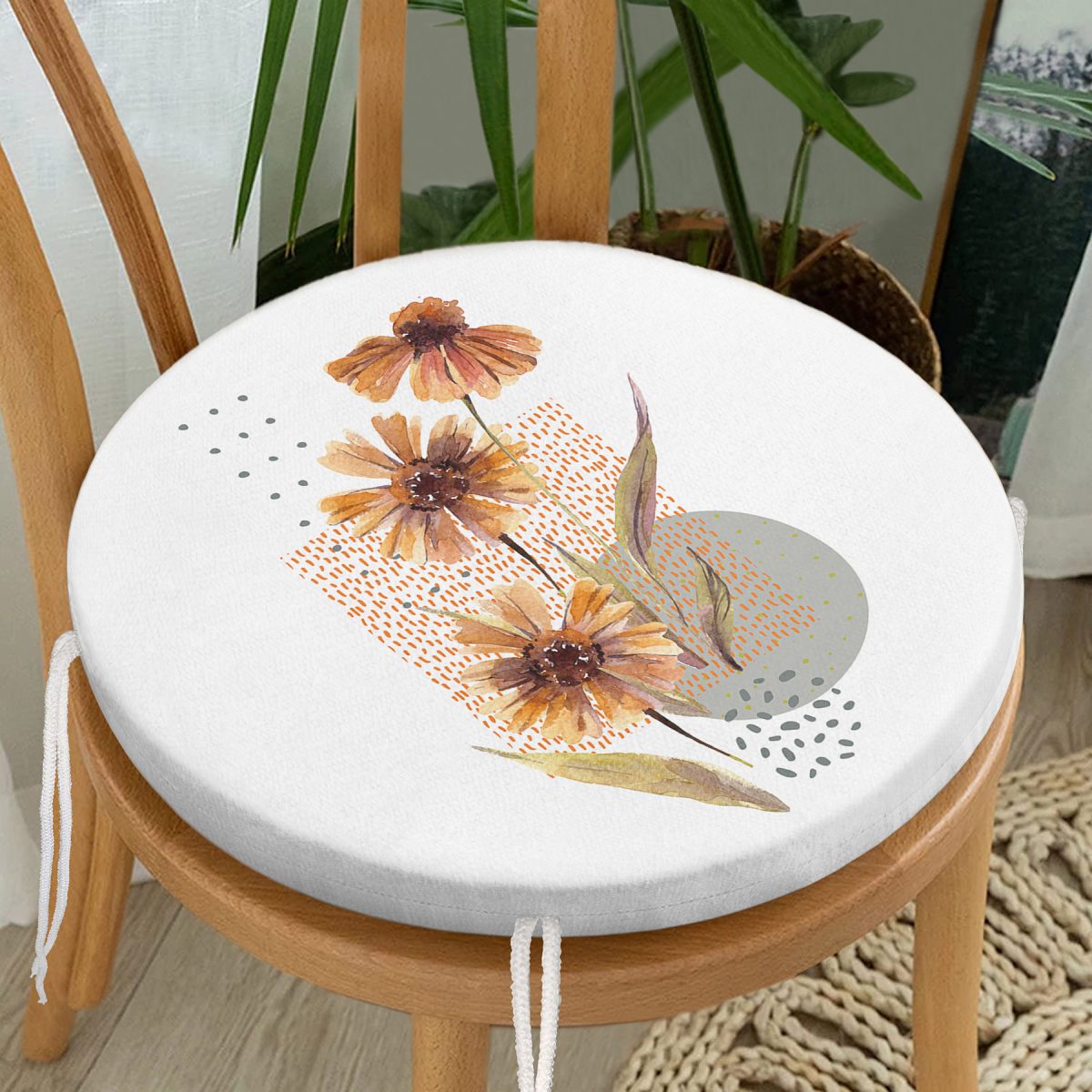 Beyaz Zemin Üzerinde Kurumuş Çiçek Motifli Modern Yuvarlak Fermuarlı Sandalye Minderi Realhomes