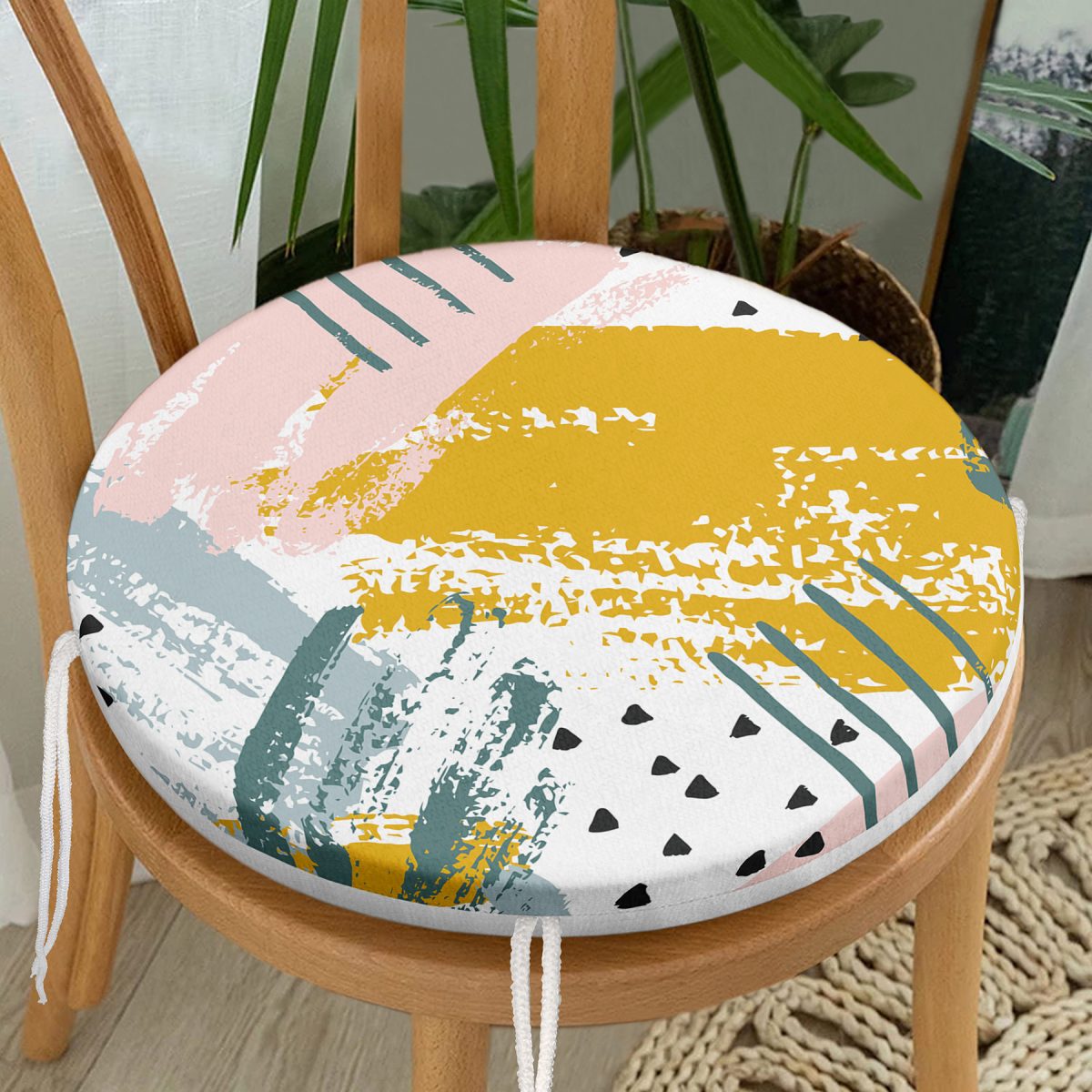 Yağlı Boya Soyut Çizimli Özel Tasarım Yuvarlak Fermuarlı Sandalye Minderi Realhomes