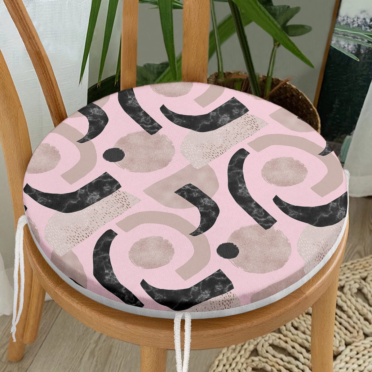 Pembe Zeminde Soyut Geometrik Çizim Motifli Yuvarlak Fermuarlı Sandalye Minderi Realhomes