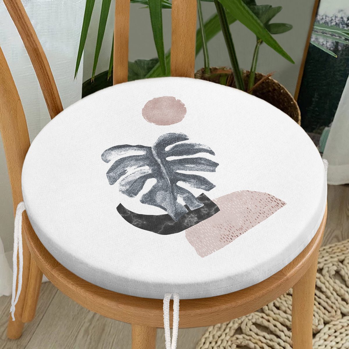 Beyaz Zeminde Tropik Yaprak Desen Dijital Baskılı Yuvarlak Fermuarlı Sandalye Minderi Realhomes