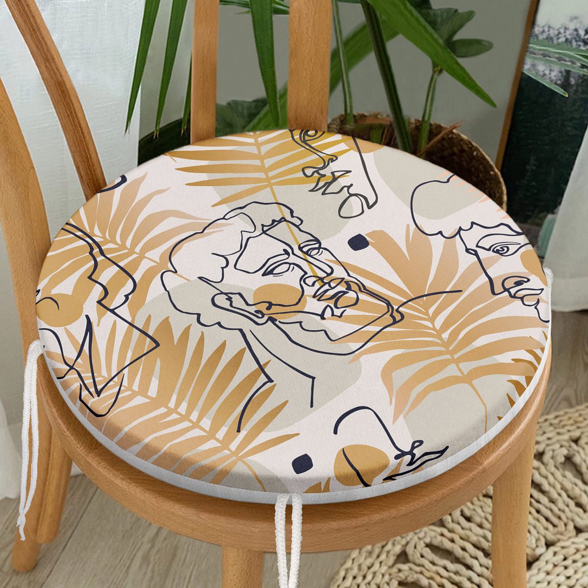 Tropik Gold Yapraklar Üzerinde Antik Yunan Tanrısı Desenli Yuvarlak Fermuarlı Sandalye Minderi Realhomes
