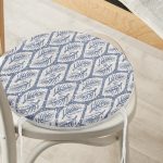 - RealHomes Yuvarlak Fermuarlı Minder - Realhomes  Lacivert Zeminde Beyaz Yapraklı Yuvarlak Fermuarlı Sandalye Minderi Realhomes