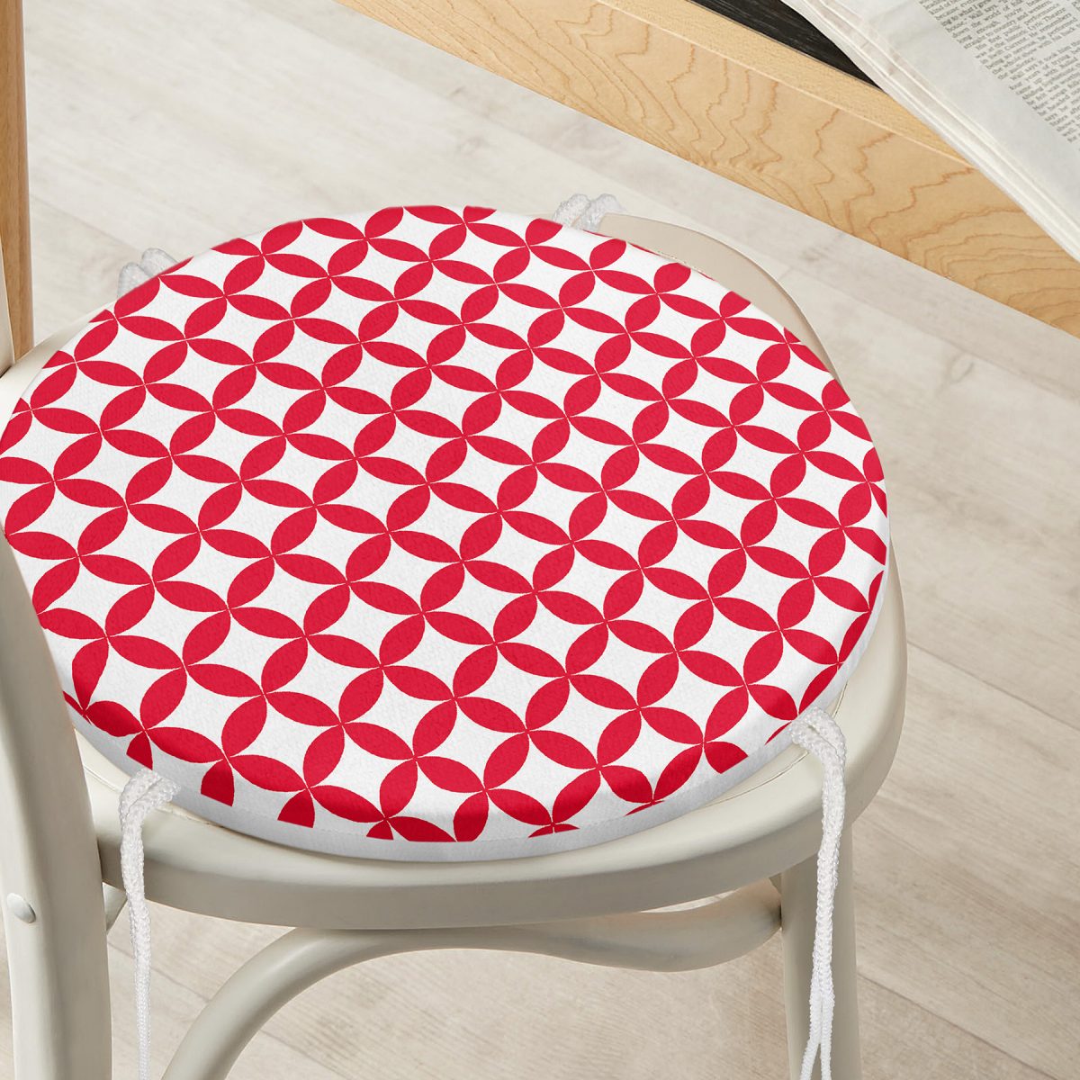 Kırmızı Dairesel Geometrik Dijital Baskılı Yuvarlak Fermuarlı Sandalye Minderi Realhomes