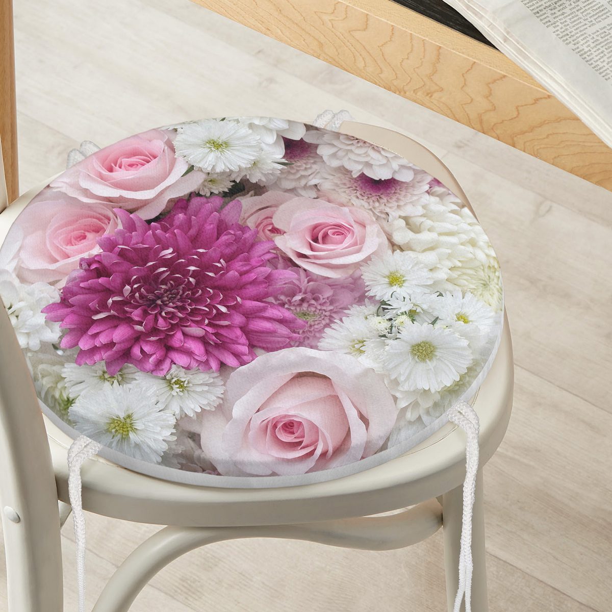 Çiçek Demeti Dijital Baskılı Yuvarlak Fermuarlı Sandalye Minderi Realhomes