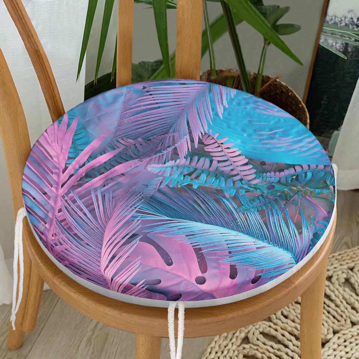 Tropik Yapraklı Özel Tasarım Dijital Baskılı Modern Yuvarlak Fermuarlı Sandalye Minderi Realhomes