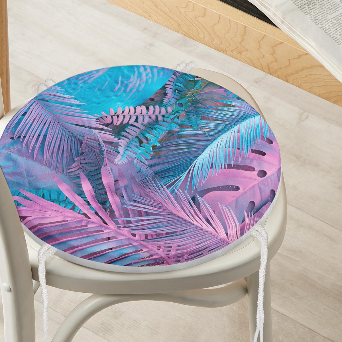 Tropik Yapraklı Özel Tasarım Dijital Baskılı Modern Yuvarlak Fermuarlı Sandalye Minderi Realhomes