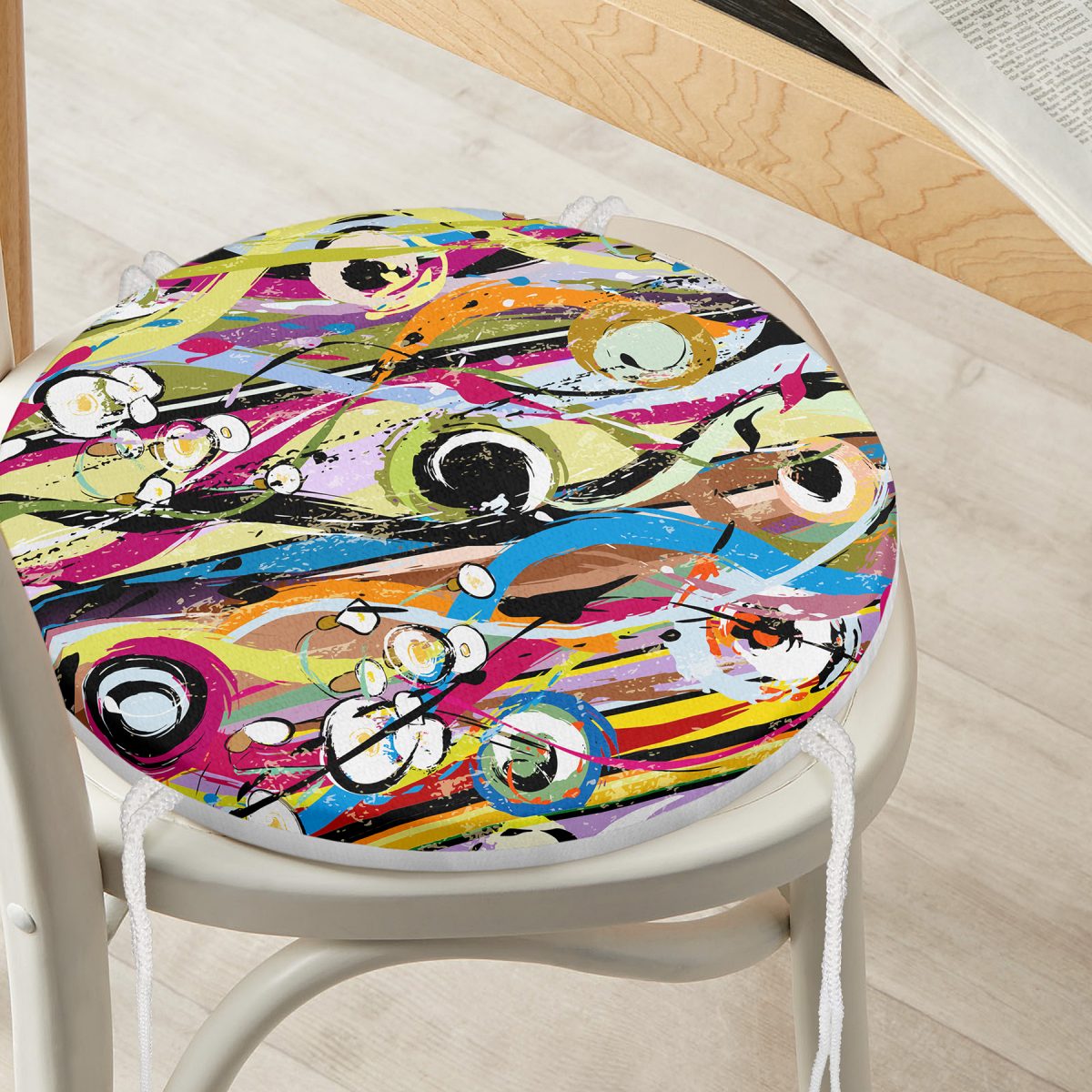 Rengarenk Ogea Motifli Özel Tasarımlı Yuvarlak Fermuarlı Sandalye Minderi Realhomes