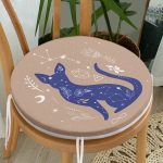 Haki Zeminli Mavi Kedi Desenli Özel Tasarım Yuvarlak Fermuarlı Sandalye Minderi Realhomes