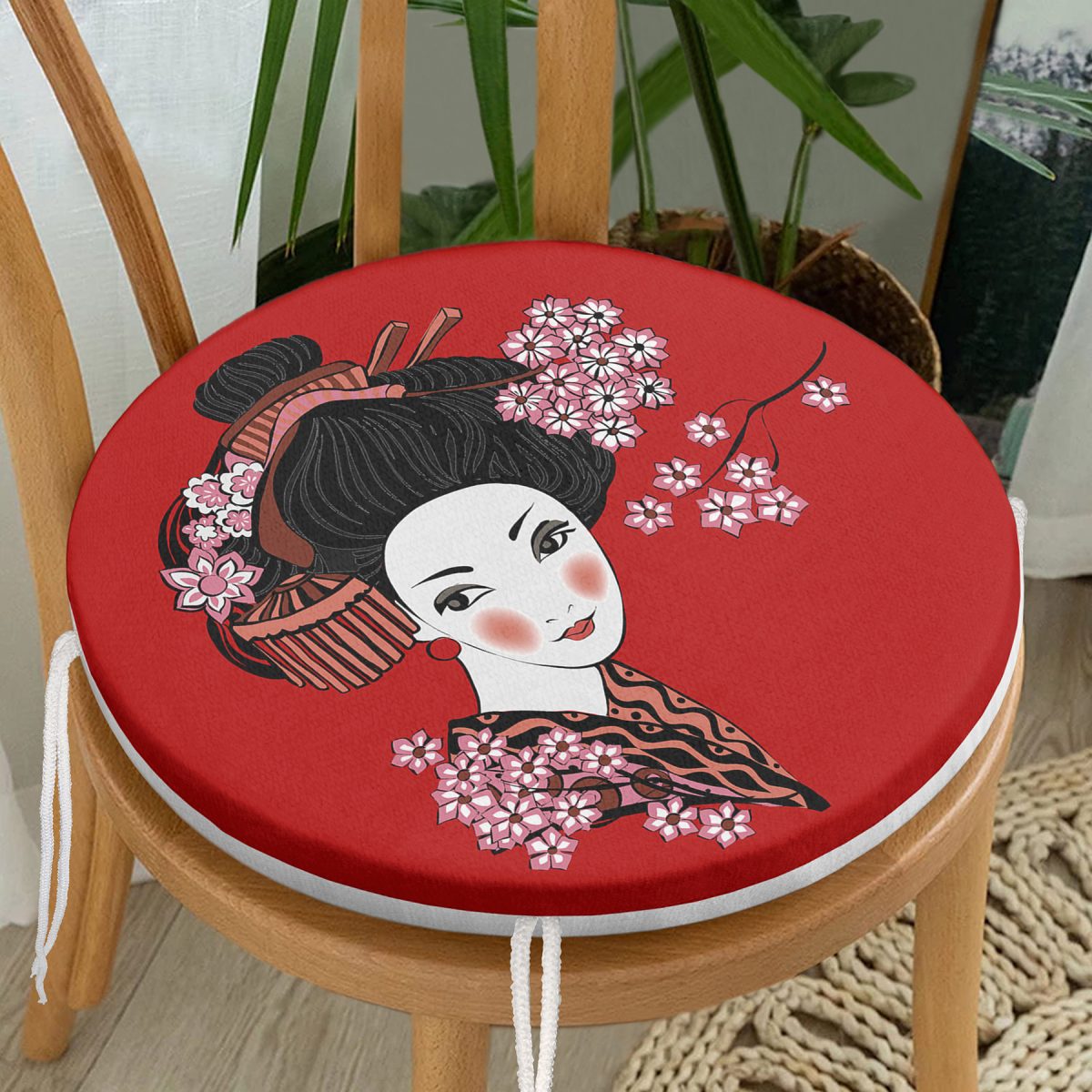 Beyaz ve Kırmızı Zeminde Papatya Tasarımlı Japon Kız Modern Yuvarlak Fermuarlı Sandalye Minderi Realhomes