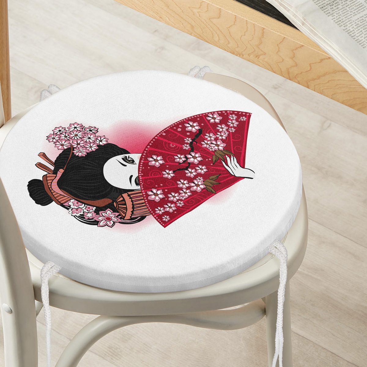 Kırmızı Yelpazeli Şaman Japon Kadın Dijital Baskılı Yuvarlak Fermuarlı Sandalye Minderi Realhomes