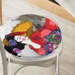 - RealHomes Yuvarlak Fermuarlı Minder - Realhomes  Etnik Desen Zeminli Sarı Yelpazeli Japon Kadın Motifli Yuvarlak Fermuarlı Sandalye Minderi Realhomes