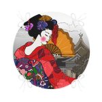 - RealHomes Yuvarlak Fermuarlı Minder - Realhomes  Etnik Desen Zeminli Sarı Yelpazeli Japon Kadın Motifli Yuvarlak Fermuarlı Sandalye Minderi Realhomes