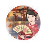 - RealHomes Yuvarlak Fermuarlı Minder - Realhomes  Gül Motifli Yelpaze Tutan Japon Kadın Motifli Yuvarlak Fermuarlı Sandalye Minderi Realhomes