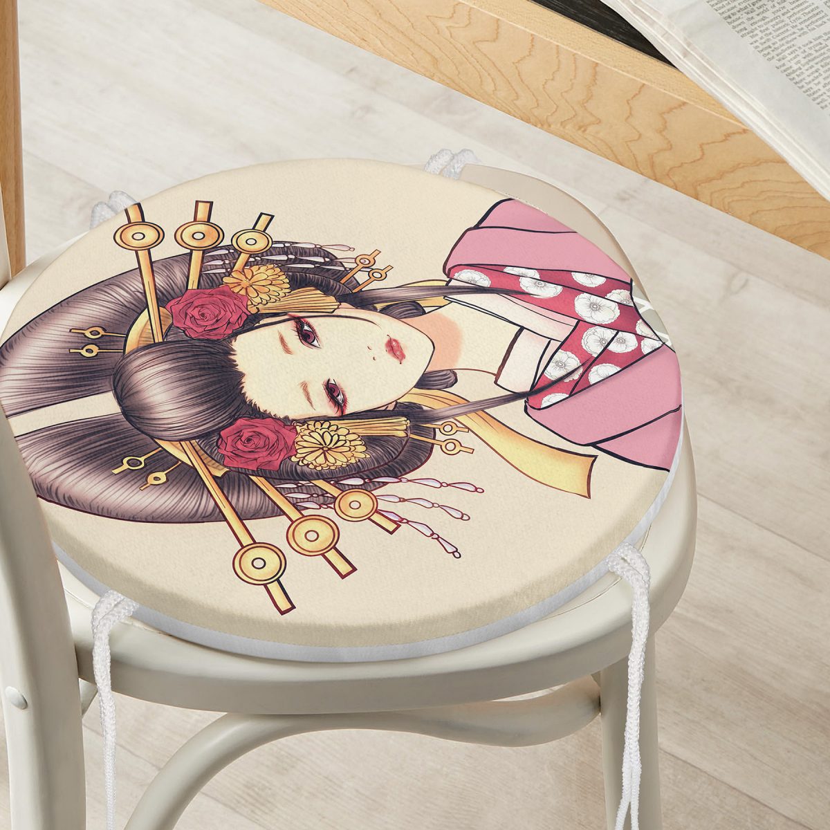 Masum Baskan Japon Kız Motifli Modern Yuvarlak Fermuarlı Sandalye Minderi Realhomes