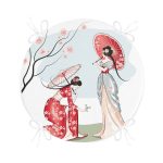 - RealHomes Yuvarlak Fermuarlı Minder - Realhomes  Dal Detaylı Şemsiyeli Japon Kızlar Modern Yuvarlak Fermuarlı Sandalye Minderi Realhomes