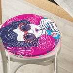 Pembe Zeminde Havai Fişek Figürlü Gözlüklü Fashion Girl Modern Yuvarlak Fermuarlı Sandalye Minderi Realhomes