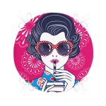 Pembe Zeminde Havai Fişek Figürlü Gözlüklü Fashion Girl Modern Yuvarlak Fermuarlı Sandalye Minderi Realhomes