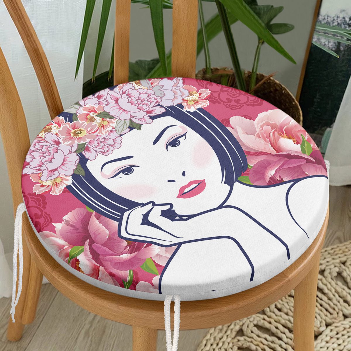 Çiçek Taçlı Japon Kadın Figürlü Yuvarlak Fermuarlı Sandalye Minderi Realhomes