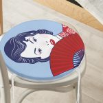 - RealHomes Yuvarlak Fermuarlı Minder - Realhomes  Kırmızı Yelpazeli Mavi Zeminli Japon Kadın Modern Yuvarlak Fermuarlı Sandalye Minderi Realhomes