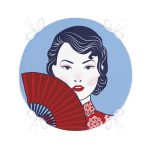 - RealHomes Yuvarlak Fermuarlı Minder - Realhomes  Kırmızı Yelpazeli Mavi Zeminli Japon Kadın Modern Yuvarlak Fermuarlı Sandalye Minderi Realhomes