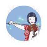 - RealHomes Yuvarlak Fermuarlı Minder - Realhomes  Mavi Zeminde Keman Çalan Japon Kız Desenli Yuvarlak Fermuarlı Sandalye Minderi Realhomes