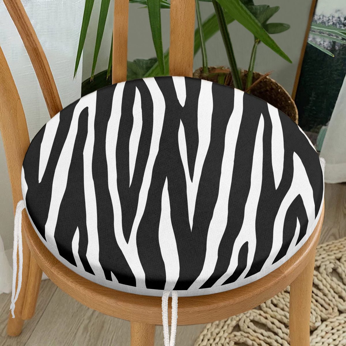 Zebra Derisi Desenli Dijital Baskılı Modern Yuvarlak Fermuarlı Sandalye Minderi Realhomes