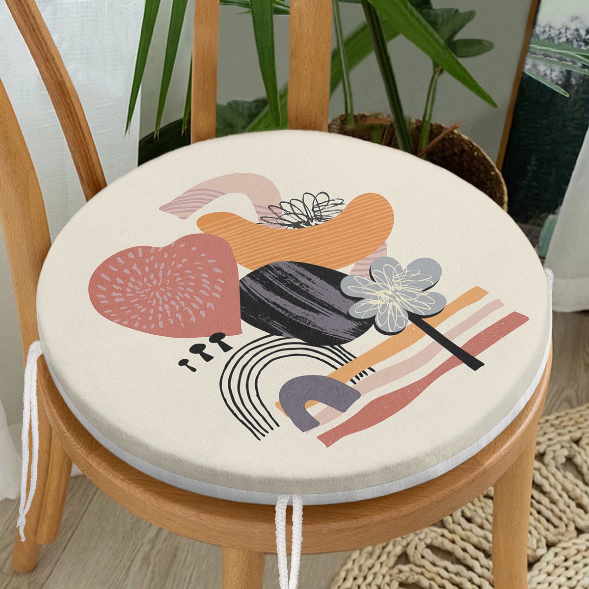 Modern Tasarımlı Bohem Çizimli Dijital Baskılı Modern Yuvarlak Fermuarlı Sandalye Minderi Realhomes