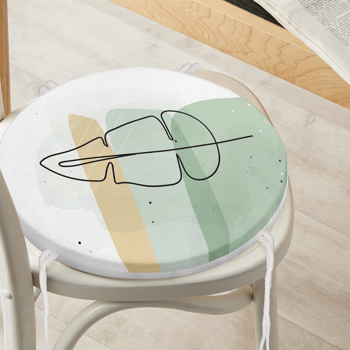 Pastel Renkli Zemin Üzerine Onedraw Yaprak Çizimli Dijital Baskılı Modern Yuvarlak Fermuarlı Sandalye Minderi Realhomes
