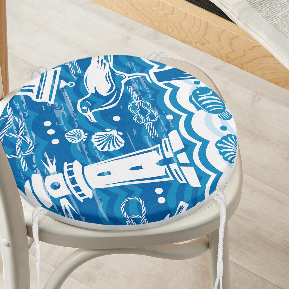 Mavi Beyaz Zeminli Yelken Desenli Dijital Baskılı Modern Yuvarlak Fermuarlı Sandalye Minderi Realhomes