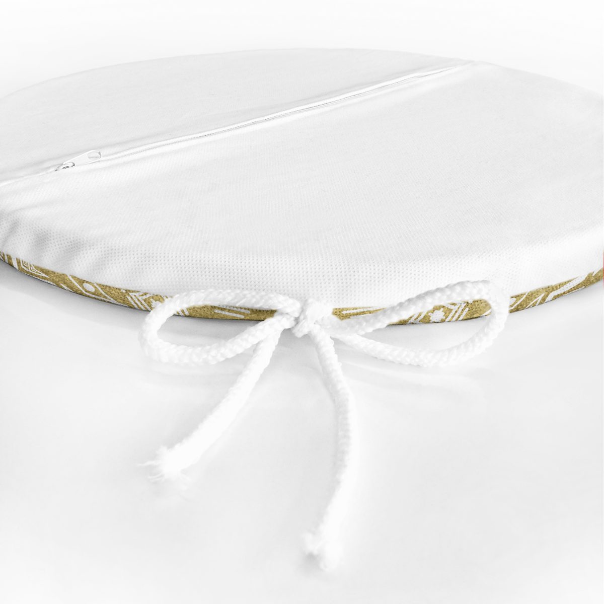 Gold Zeminde Beyaz Bohem Çizimli Dijital Baskılı Modern Yuvarlak Fermuarlı Sandalye Minderi Realhomes