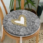 - RealHomes Yuvarlak Fermuarlı Minder - Realhomes  Siyah Onedraw Çizimli Gold Renkli Kalp Desenli Dijital Baskılı Modern Yuvarlak Fermuarlı Sandalye Minderi Realhomes