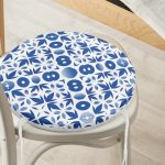 - RealHomes Yuvarlak Fermuarlı Minder - Realhomes  Beyaz Zemin Üzerinde Çini Desenli Dijital Baskılı Modern Yuvarlak Fermuarlı Sandalye Minderi Realhomes