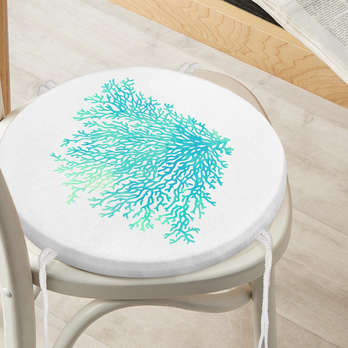 Beyaz Zeminde Yeşil Renkli Su Yosunu Desenli Dijital Baskılı Modern Yuvarlak Fermuarlı Sandalye Minderi Realhomes