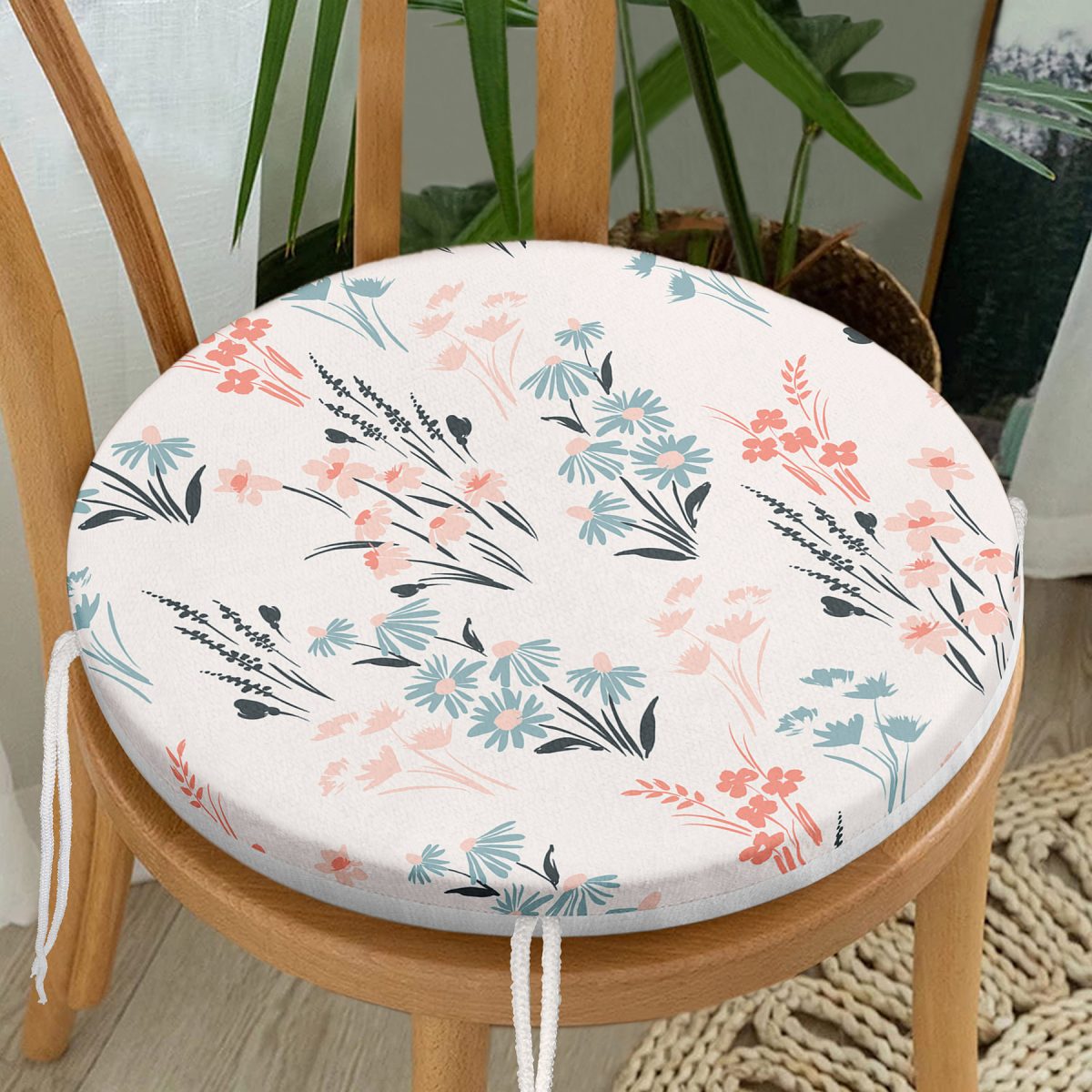 Beyaz Zeminde Renkli Çiçek Desenli Dijital Baskılı Modern Yuvarlak Fermuarlı Sandalye Minderi Realhomes